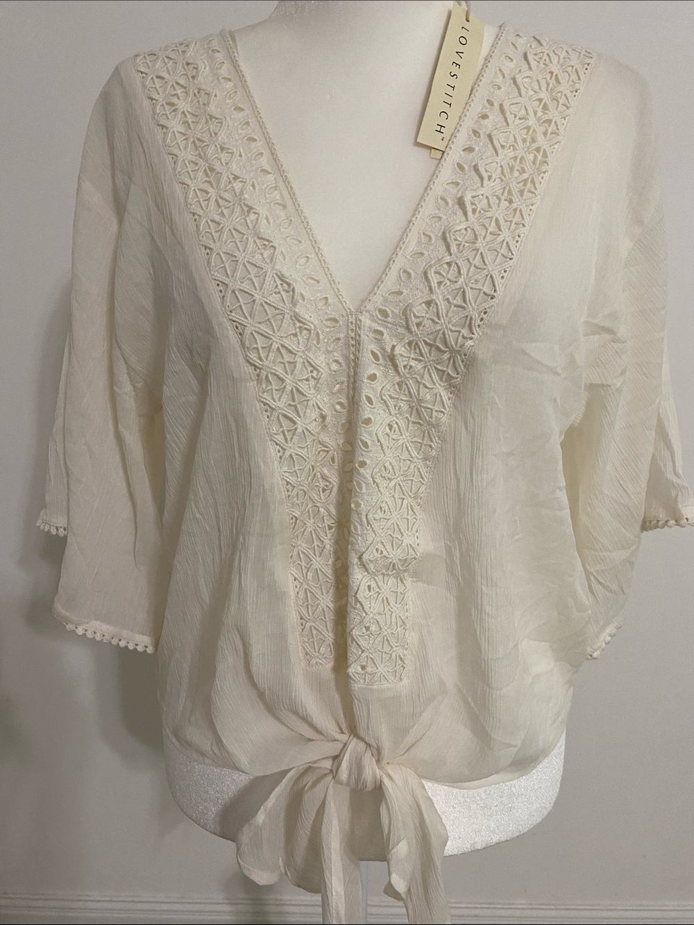 NWOT Lovestitch Ivory Lace Trim Tie Front Blouse
